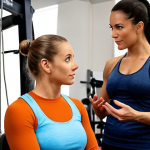 **Building Relationships with Customers**: Create an image of a personal trainer attentively listening to a client during a consultation. The setting should convey a warm and inviting atmosphere, with fitness equipment in the background. The trainer should display empathy and understanding, while the client shares their fitness goals.