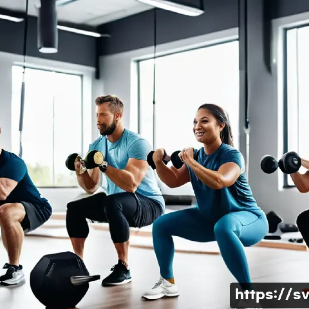 헬스트레이너 코칭 사례 공유 - A diverse group of adult clients training in a modern Scandinavian gym setting, each following a per...