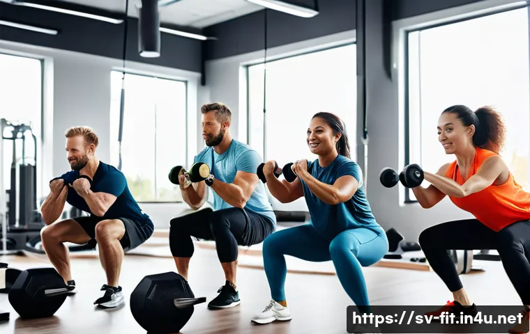헬스트레이너 코칭 사례 공유 - A diverse group of adult clients training in a modern Scandinavian gym setting, each following a per...