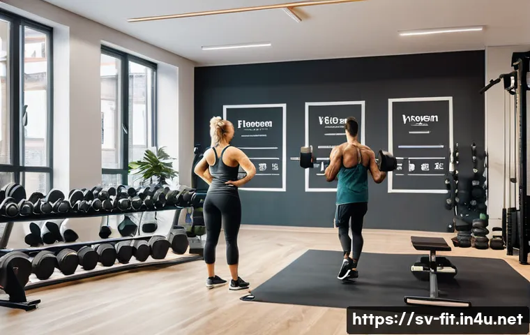 헬스트레이너 회원권 판매 전략 - A modern Swedish gym interior with diverse members engaging in different activities: a middle-aged w...