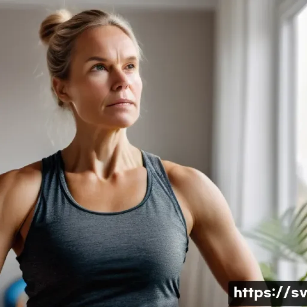 헬스트레이너 운동 프로그램 평가 - A focused Swedish adult woman in comfortable athletic wear, attentively listening to her body signal...
