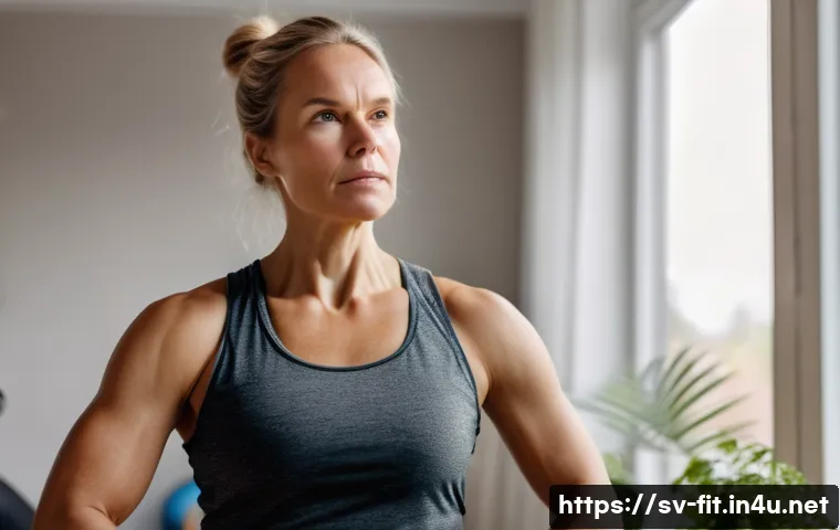 헬스트레이너 운동 프로그램 평가 - A focused Swedish adult woman in comfortable athletic wear, attentively listening to her body signal...