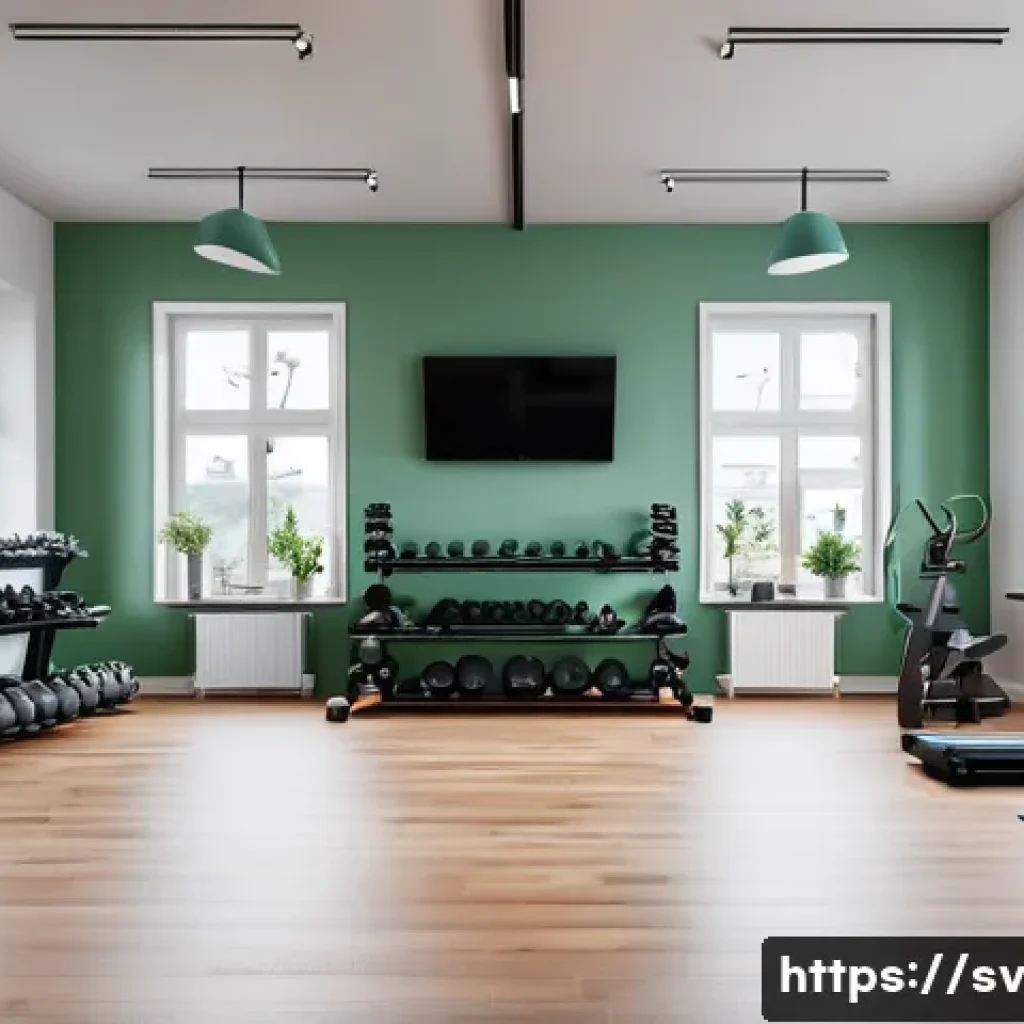 헬스트레이너 장비 관리법 - A clean and organized home gym setting in Sweden featuring various fitness equipment such as dumbbel...