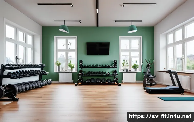 헬스트레이너 장비 관리법 - A clean and organized home gym setting in Sweden featuring various fitness equipment such as dumbbel...