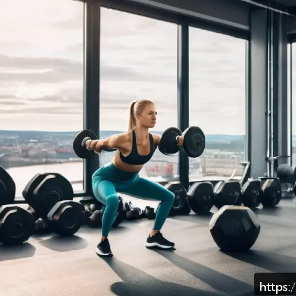 헬스트레이너 근력운동 연구 - A focused scene in a modern Swedish gym showcasing a fit young woman performing a superset workout w...