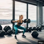 Home 21 헬스트레이너 근력운동 연구 - A focused scene in a modern Swedish gym showcasing a fit young woman performing a superset workout w...