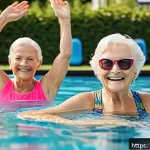 Home 18 헬스트레이너 시니어 피트니스 - A vibrant outdoor scene featuring a group of active seniors, aged around 60-75, engaged in a gentle ...
