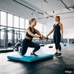Home 23 헬스트레이너 고객사례 보고서 - A modern Swedish gym scene featuring a diverse group of adults engaged in personalized training sess...