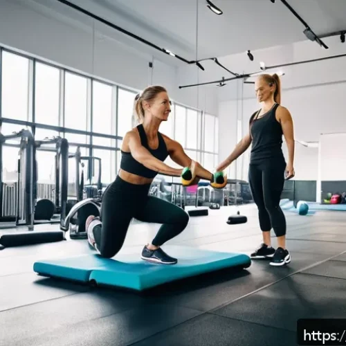 Home 17 헬스트레이너 고객사례 보고서 - A modern Swedish gym scene featuring a diverse group of adults engaged in personalized training sess...