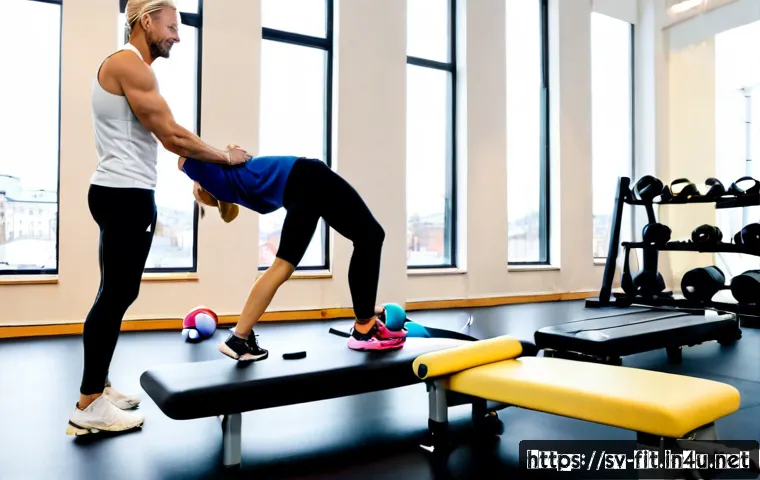 Home 17 헬스트레이너와 영양 코칭 - Photorealistic Swedish personal trainer in a bright modern Stockholm gym, calmly guiding an adult cl...